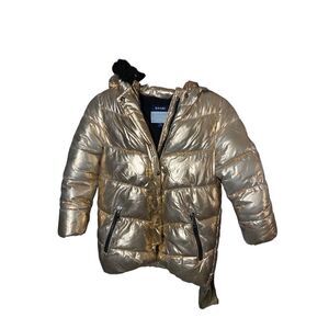 Kiabi girls rose, gold, black faux, fur, hooded coat, size 8